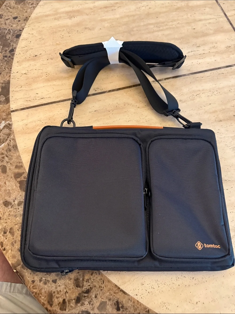tomtoc Black Laptop Bag with Orange Handle Accent and Dual Front Pockets
